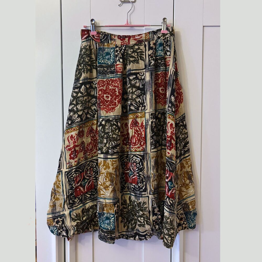 Vintage 80s/90s Eclectic Patchwork Bohemian Midi Skirt | S